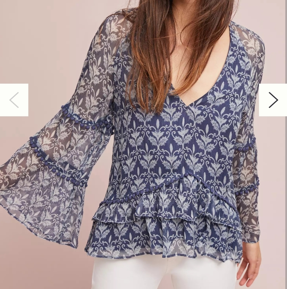 Stevie May Marinette Peasant Top Navy White Floral Paisley Ruffle Blouse Size XS